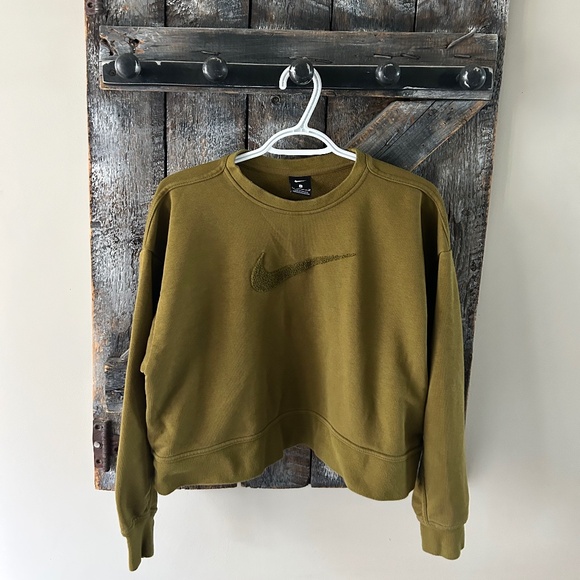 Women's Nike Cropped Crewneck with Large Center Swoosh Olive Green - Picture 1 of 3